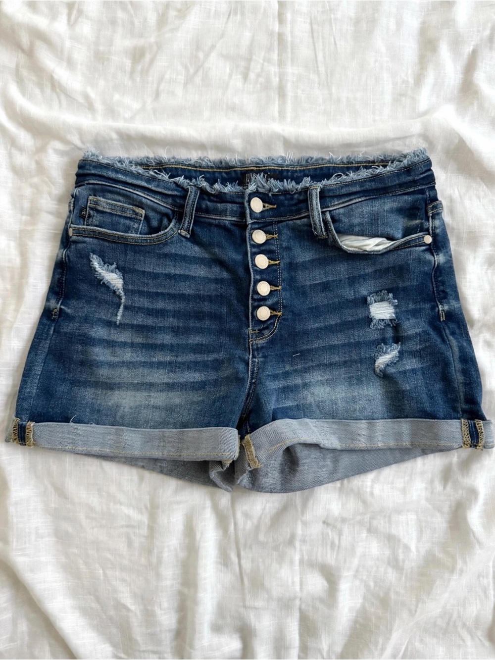 Judy Blue Distressed Denim Shorts XL | Cuffed Button Fly High Rise